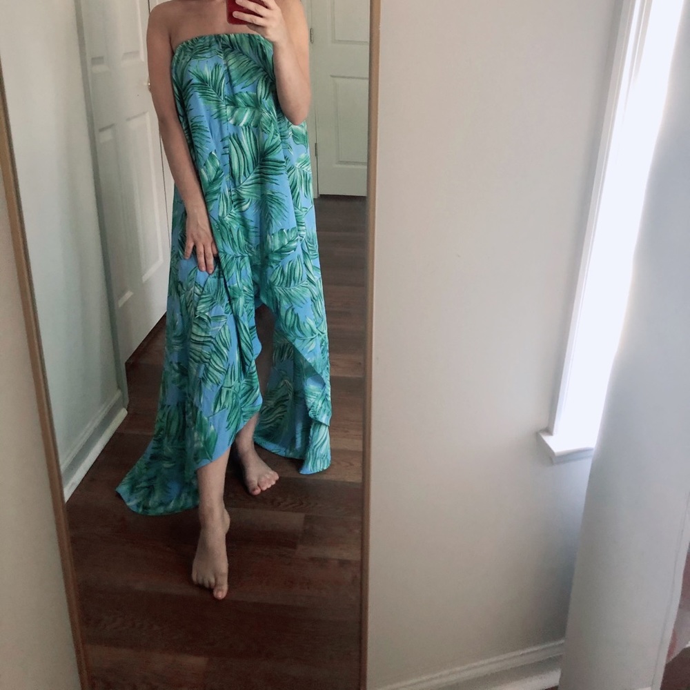 Strapless high low tropical dress